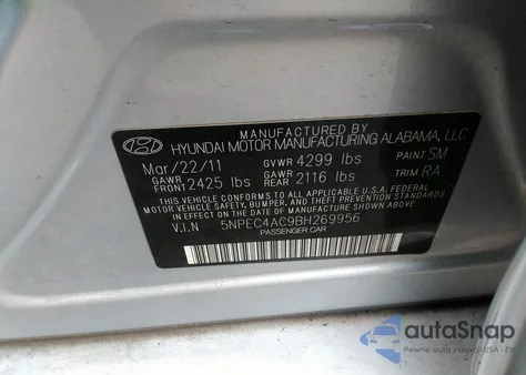 2011 Hyundai Sonata Se из США, поврежденный, VIN 5NPEC4AC9BH269956